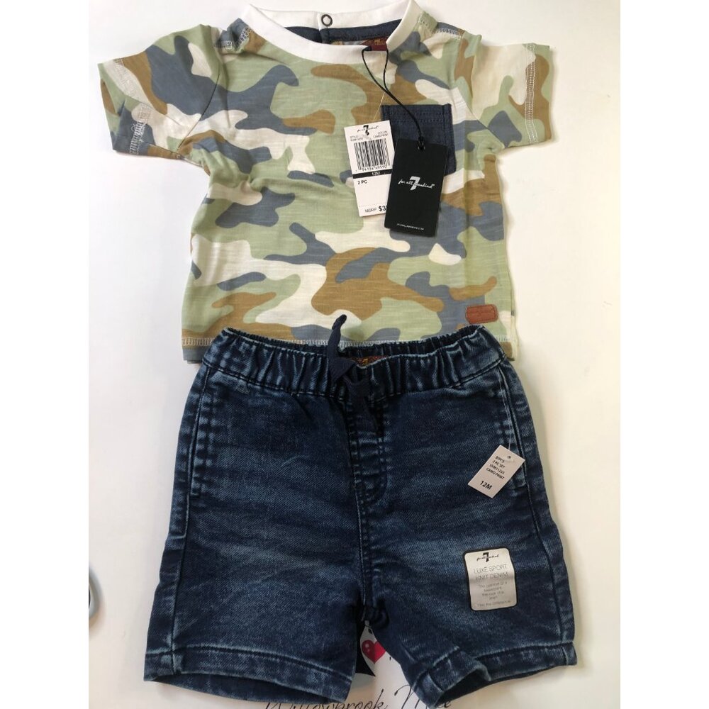 7 for all Mankind Baby Boy Camo / Jean Short Outfit Set Size 12mo. (Macy's)  2pc